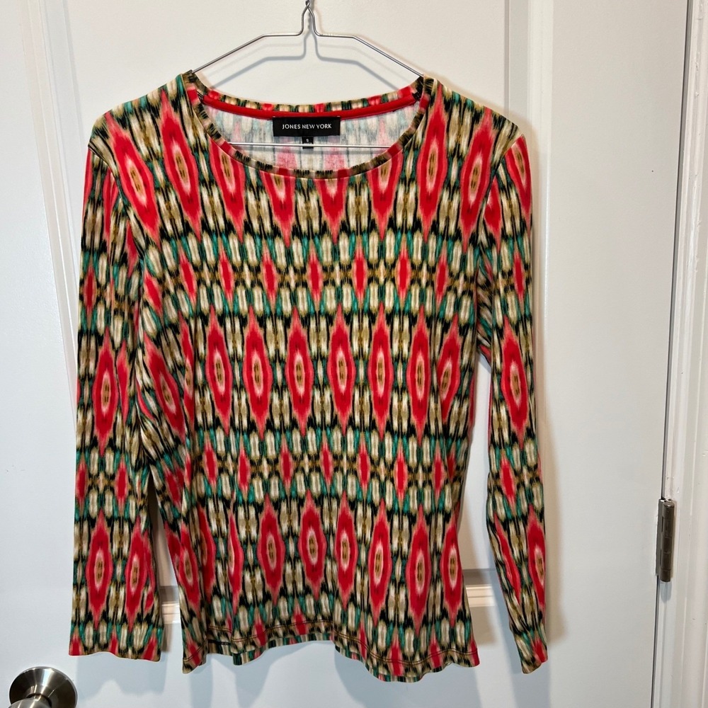 Jones New York Womens Top Geometric Ikat Print Multicolor Small